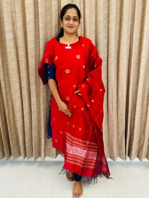 Red - Semi raw silk top (cotton lining) with all over zari woven buttas paired with zari woven semi raw silk dupatta