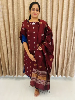 Dark brown - Semi raw silk top (cotton lining) with all over zari woven buttas paired with zari woven semi raw silk dupatta