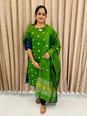 Semi raw silk top (cotton lining) with all over zari woven buttas paired with zari woven semi raw silk dupatta