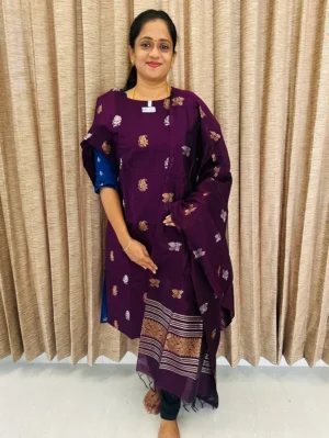 Dark purple - Semi raw silk top (cotton lining) with all over zari woven buttas paired with zari woven semi raw silk dupatta