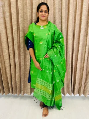 Semi raw silk top (cotton lining) with all over zari woven buttas paired with zari woven semi raw silk dupatta