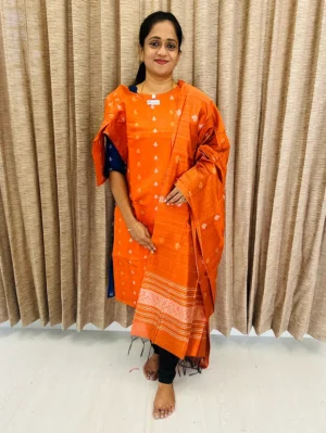 Semi raw silk top (cotton lining) with all over zari woven buttas paired with zari woven semi raw silk dupatta