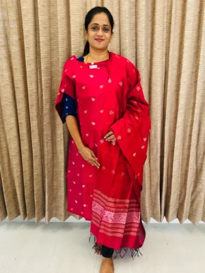 Dark Pink - Semi raw silk top (cotton lining) with all over zari woven buttas paired with zari woven semi raw silk dupatta