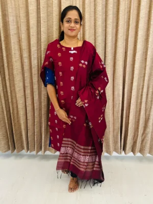 Maroon - Semi raw silk top (cotton lining) with all over zari woven buttas paired with zari woven semi raw silk dupatta