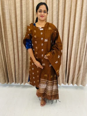 Semi raw silk top (cotton lining) with all over zari woven buttas paired with zari woven semi raw silk dupatta