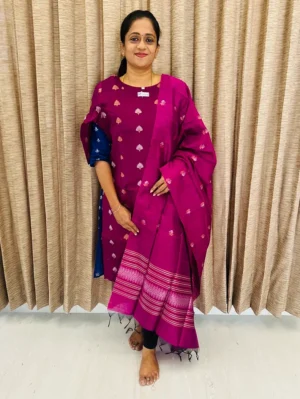 Majentha Purple - Semi raw silk top (cotton lining) with all over zari woven buttas paired with zari woven semi raw silk dupatta