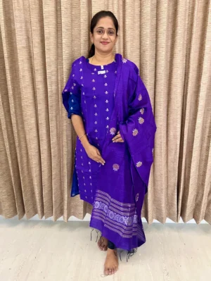 Violet - Semi raw silk top (cotton lining) with all over zari woven buttas paired with zari woven semi raw silk dupatta