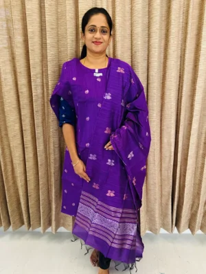 Light purple - Semi raw silk top (cotton lining) with all over zari woven buttas paired with zari woven semi raw silk dupatta