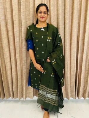 Semi raw silk top (cotton lining) with all over zari woven buttas paired with zari woven semi raw silk dupatta