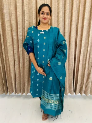 Rama blue - Semi raw silk top (cotton lining) with all over zari woven buttas paired with zari woven semi raw silk dupatta