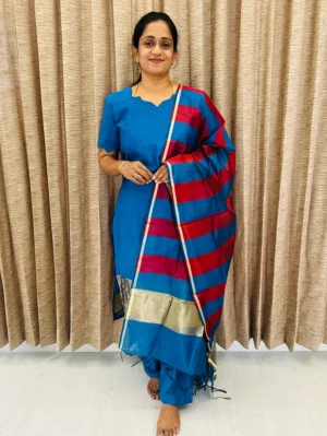 Semi raw silk top (cotton lining) paired with semi raw silk dupatta and semi raw silk bottom (free size)