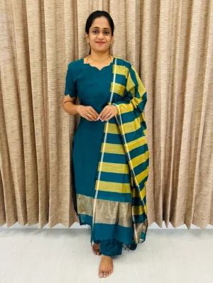 Semi raw silk top (cotton lining) paired with semi raw silk dupatta and semi raw silk bottom (free size)