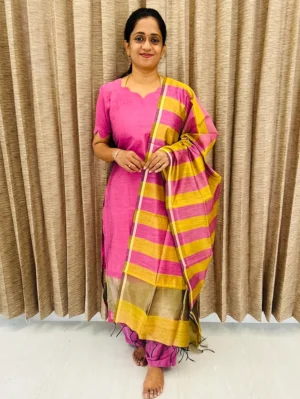 Semi raw silk top (cotton lining) paired with semi raw silk dupatta and semi raw silk bottom (free size)