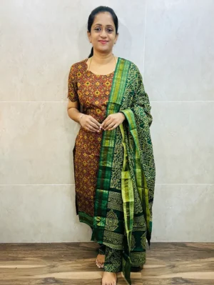 Printed handloom cotton top(cotton lining) paired with printed cotton dupatta and printed cotton bottom(free size)