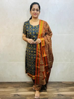 Printed handloom cotton top(cotton lining) paired with printed cotton dupatta and printed cotton bottom(free size)