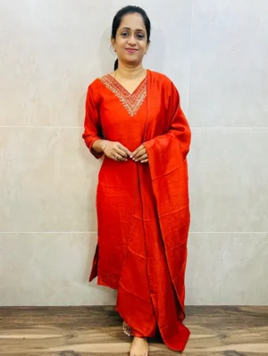 Soft silk top (crepe lining) with handworked yoke paired with soft silk dupatta and silk bottom (straight cut)