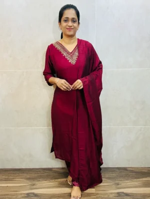 Soft silk top (crepe lining) with handworked yoke paired with soft silk dupatta and silk bottom (straight cut)