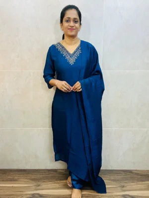 Soft silk top (crepe lining) with handworked yoke paired with soft silk dupatta and silk bottom (straight cut)