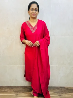 Soft silk top (crepe lining) with handworked yoke paired with soft silk dupatta and silk bottom (straight cut)