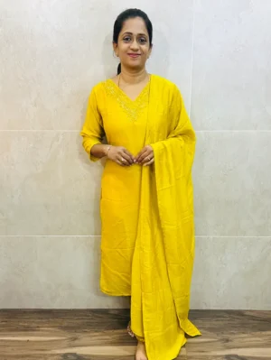 Soft silk top (crepe lining) with handworked yoke paired with soft silk dupatta and silk bottom (straight cut)