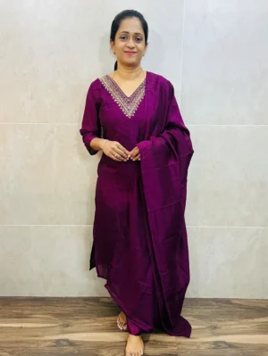 Soft silk top (crepe lining) with handworked yoke paired with soft silk dupatta and silk bottom (straight cut)