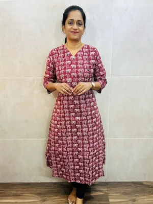 Printed Kantha cotton top (cotton lining) with mirror worked yoke (Aline pattern)