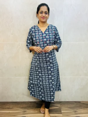 Printed Kantha cotton top (cotton lining) with mirror worked yoke (Aline pattern)