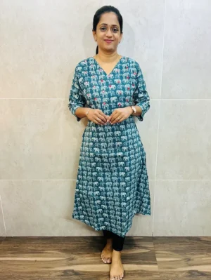 Printed Kantha cotton top (cotton lining) with mirror worked yoke (Aline pattern)