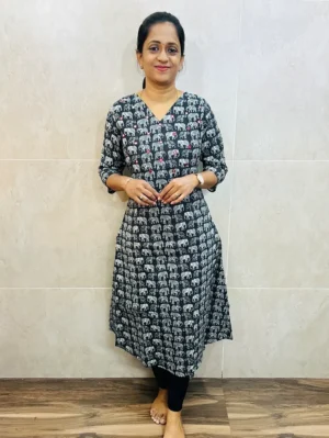 Printed Kantha cotton top (cotton lining) with mirror worked yoke (Aline pattern)