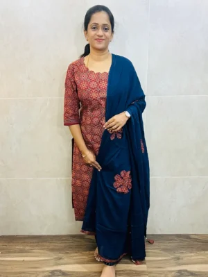 Pattern 1 - Original Ajrakh dyed cotton top (cotton lining) paired with patch worked cotton dupatta and cotton bottom (free size)