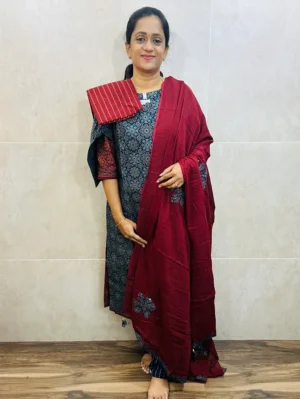 Pattern 1 - Original Ajrakh dyed cotton top (cotton lining) paired with patch worked cotton dupatta and cotton bottom (free size)