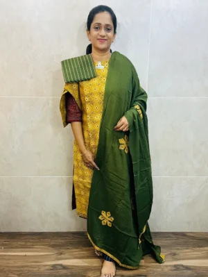 Pattern 1 - Original Ajrakh dyed cotton top (cotton lining) paired with patch worked cotton dupatta and cotton bottom (free size)