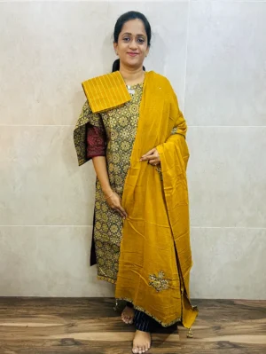 Pattern 1 - Original Ajrakh dyed cotton top (cotton lining) paired with patch worked cotton dupatta and cotton bottom (free size)