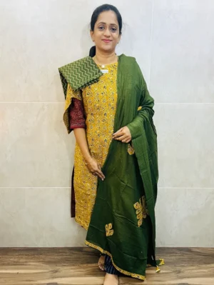 Pattern 2 - Original Ajrakh dyed cotton top (cotton lining) paired with patch worked cotton dupatta and cotton bottom (free size)