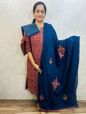 Pattern 2 - Original Ajrakh dyed cotton top (cotton lining) paired with patch worked cotton dupatta and cotton bottom (free size)