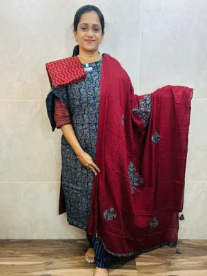 Pattern 2 - Original Ajrakh dyed cotton top (cotton lining) paired with patch worked cotton dupatta and cotton bottom (free size)