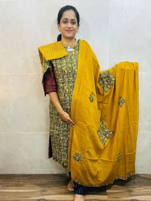 Pattern 2 - Original Ajrakh dyed cotton top (cotton lining) paired with patch worked cotton dupatta and cotton bottom (free size)