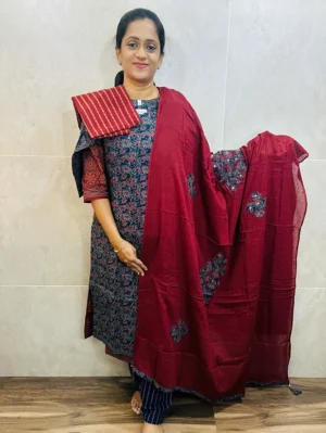 Pattern 3 - Original Ajrakh dyed cotton top (cotton lining) paired with patch worked cotton dupatta and cotton bottom (free size)