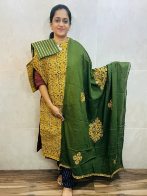 Pattern 3 - Original Ajrakh dyed cotton top (cotton lining) paired with patch worked cotton dupatta and cotton bottom (free size)