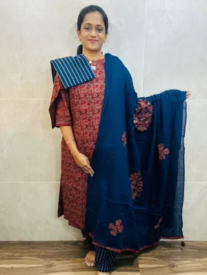 Pattern 3 - Original Ajrakh dyed cotton top (cotton lining) paired with patch worked cotton dupatta and cotton bottom (free size)
