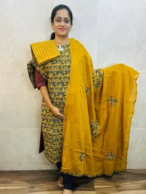 Pattern 3 - Original Ajrakh dyed cotton top (cotton lining) paired with patch worked cotton dupatta and cotton bottom (free size)