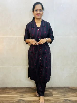 Pure handloom cotton top (cotton lining) with all over weaving paired with Handloom cotton bottom (free size)