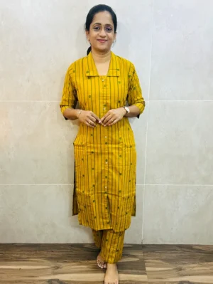 Pure handloom cotton top (cotton lining) with all over weaving paired with Handloom cotton bottom (free size)