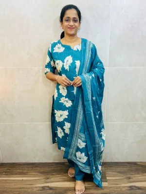 Printed Jaipur cotton top (cotton lining) paired with printed cotton dupatta and cotton bottom (Free size)