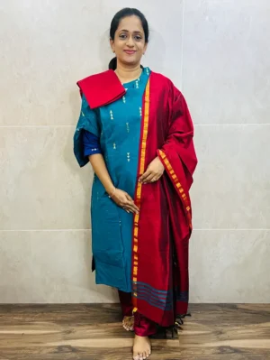 Semi raw silk top (cotton lining) paired with semi raw silk dupatta and semi raw silk bottom (free size)