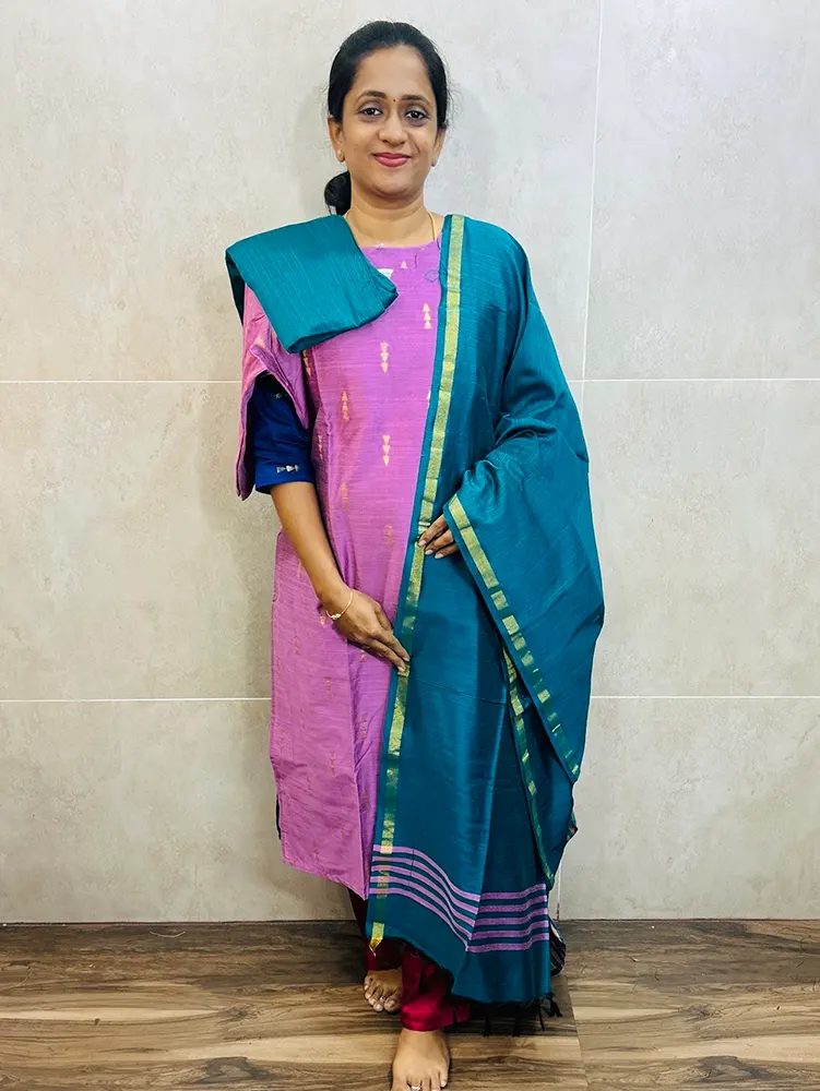 Semi raw silk top (cotton lining) paired with semi raw silk dupatta and semi raw silk bottom (free size)