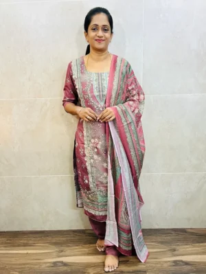 Printed muslin silk top(cotton lining) with allover embroidery paired with muslin silk dupatta and santoon bottom(free size)