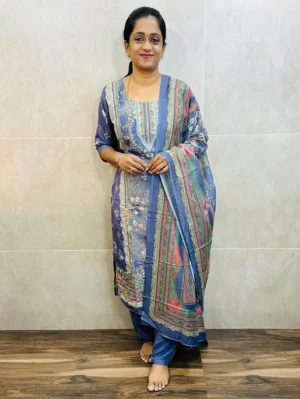 Printed muslin silk top(cotton lining) with allover embroidery paired with muslin silk dupatta and santoon bottom(free size)