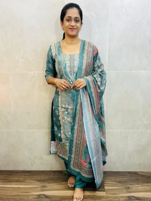 Printed muslin silk top(cotton lining) with allover embroidery paired with muslin silk dupatta and santoon bottom(free size)