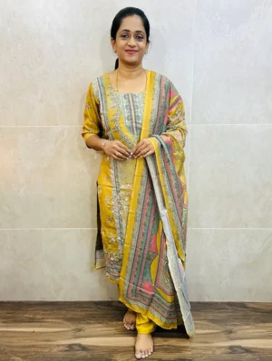 Printed muslin silk top(cotton lining) with allover embroidery paired with muslin silk dupatta and santoon bottom(free size)